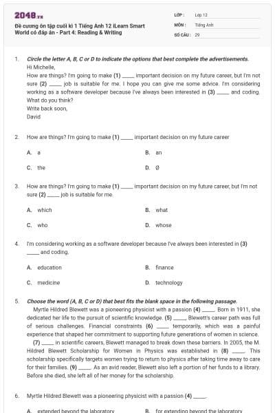 Đề cương ôn tập cuối kì 1 Tiếng Anh 12 iLearn Smart World có đáp án - Part 4: Reading & Writing