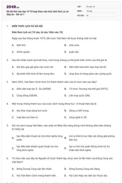 Đề thi thử vào lớp 10 Tổ hợp theo cấu trúc tỉnh Sơn La có đáp án - Đề số 1