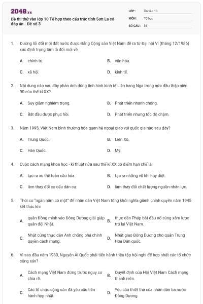 Đề thi thử vào lớp 10 Tổ hợp theo cấu trúc tỉnh Sơn La có đáp án - Đề số 3