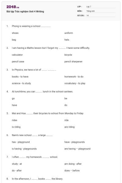 Bài tập Trắc nghiệm Unit 4 Writing