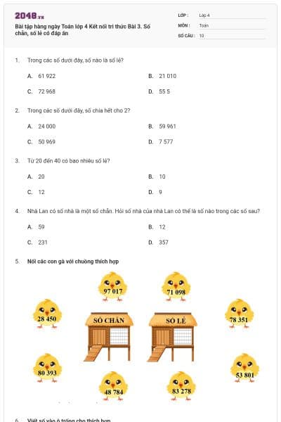 Bài tập hàng ngày Toán lớp 4 Kết nối tri thức Bài 3. Số chẵn, số lẻ có đáp án