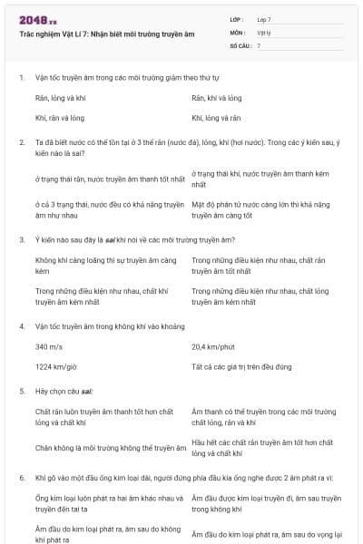 Trắc nghiệm Vật Lí 7: Nhận biết môi trường truyền âm