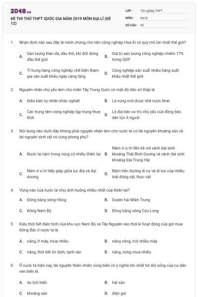ĐỀ THI THỬ THPT QUỐC GIA NĂM 2019 MÔN ĐỊA LÍ (ĐỀ 12)