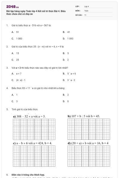 Bài tập hàng ngày Toán lớp 4 Kết nối tri thức Bài 4. Biểu thức chứa chữ có đáp án