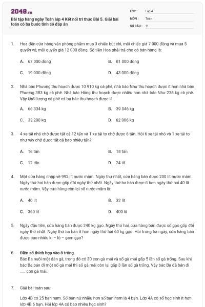 Bài tập hàng ngày Toán lớp 4 Kết nối tri thức Bài 5. Giải bài toán có ba bước tính có đáp án