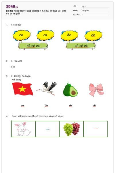 Bài tập hàng ngày Tiếng Việt lớp 1 Kết nối tri thức Bài 6: O o  a có lời giải