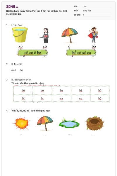 Bài tập hàng ngày Tiếng Việt lớp 1 Kết nối tri thức Bài 7: Ô ô . a có lời giải