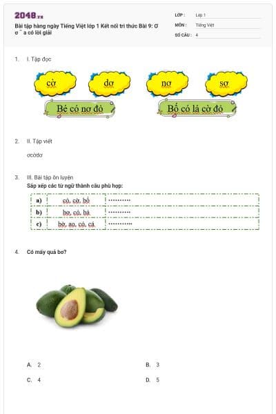 Bài tập hàng ngày Tiếng Việt lớp 1 Kết nối tri thức Bài 9: Ơ ơ ˜ a có lời giải