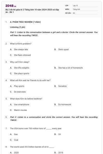 Bộ 2 đề thi giữa kì 2 Tiếng Anh 10 năm 2024-2025 có đáp án - Đề 1