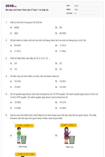 Bài tập cuối tuần Toán lớp 4 Tuần 1 có đáp án