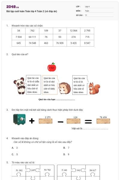 Bài tập cuối tuần Toán lớp 4 Tuần 2 (có đáp án)