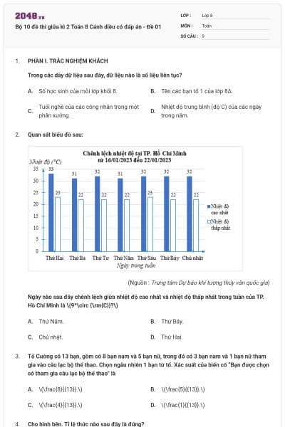 Bộ 10 đề thi giữa kì 2 Toán 8 Cánh diều có đáp án - Đề 01
