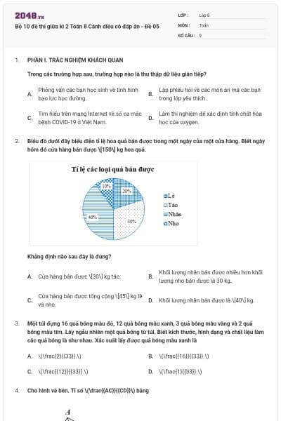 Bộ 10 đề thi giữa kì 2 Toán 8 Cánh diều có đáp án - Đề 05