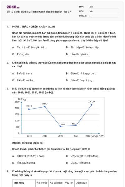 Bộ 10 đề thi giữa kì 2 Toán 8 Cánh diều có đáp án - Đề 07
