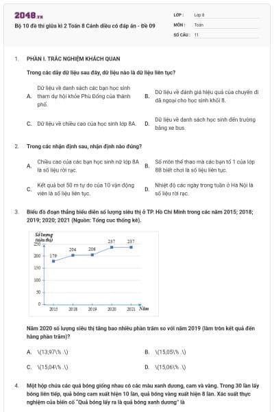 Bộ 10 đề thi giữa kì 2 Toán 8 Cánh diều có đáp án - Đề 09