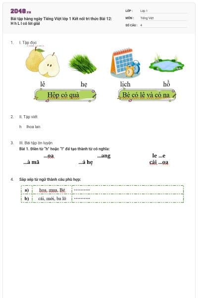 Bài tập hàng ngày Tiếng Việt lớp 1 Kết nối tri thức Bài 12: H h L l có lời giải
