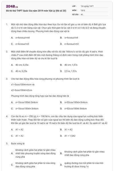 Đề thi thử THPT Quốc Gia năm 2019 môn Vật Lý (Đề số 20)