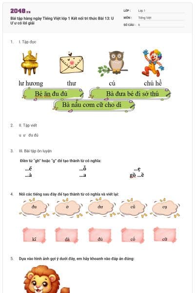 Bài tập hàng ngày Tiếng Việt lớp 1 Kết nối tri thức Bài 13: U  Ư ư có lời giải