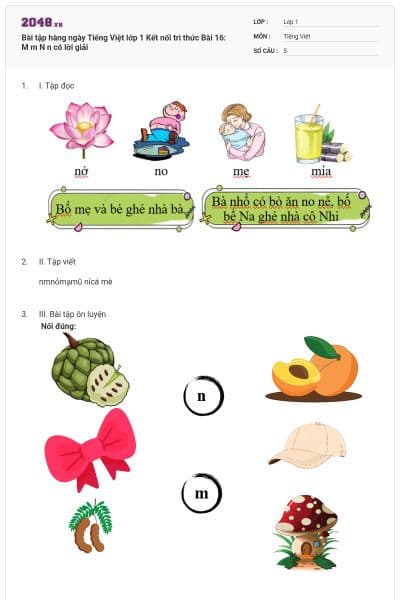 Bài tập hàng ngày Tiếng Việt lớp 1 Kết nối tri thức Bài 16: M m N n có lời giải