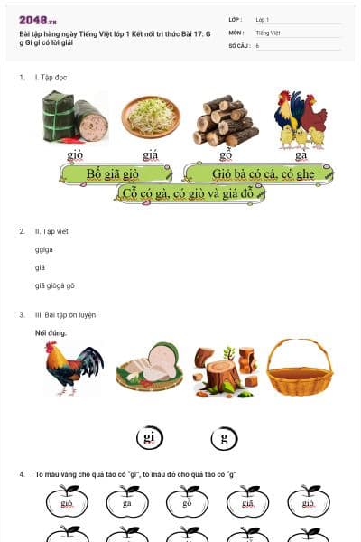 Bài tập hàng ngày Tiếng Việt lớp 1 Kết nối tri thức Bài 17: G g Gi gi có lời giải