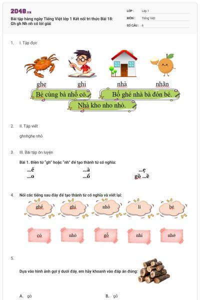 Bài tập hàng ngày Tiếng Việt lớp 1 Kết nối tri thức Bài 18: Gh gh Nh nh có lời giải