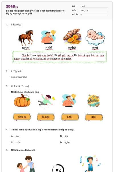 Bài tập hàng ngày Tiếng Việt lớp 1 Kết nối tri thức Bài 19: Ng ng Ngh ngh có lời giải