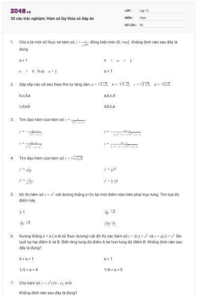 30 câu trắc nghiệm: Hàm số lũy thừa có đáp án
