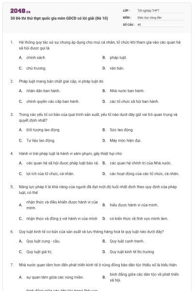 30 Đề thi thử thpt quốc gia môn GDCD có lời giải (Đề 10)