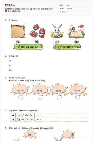 Bài tập hàng ngày Tiếng Việt lớp 1 Kết nối tri thức Bài 23: Th th ia có lời giải