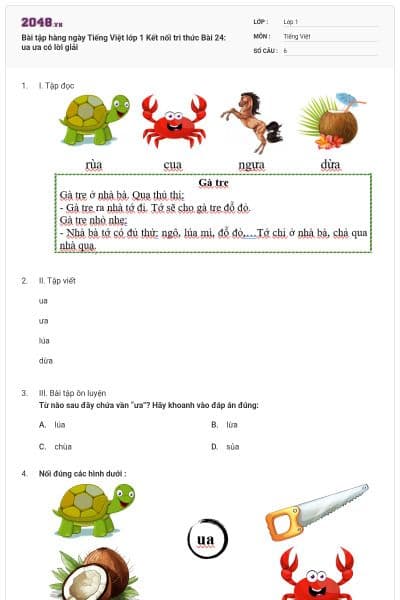 Bài tập hàng ngày Tiếng Việt lớp 1 Kết nối tri thức Bài 24: ua ưa có lời giải