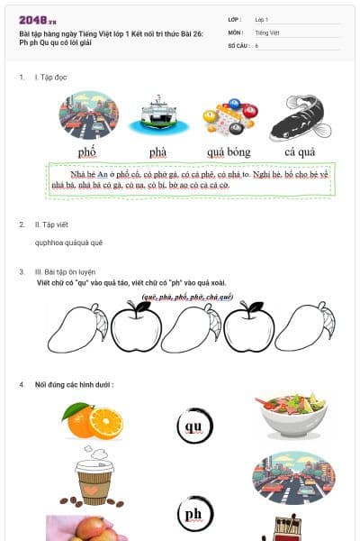 Bài tập hàng ngày Tiếng Việt lớp 1 Kết nối tri thức Bài 26: Ph ph Qu qu có lời giải