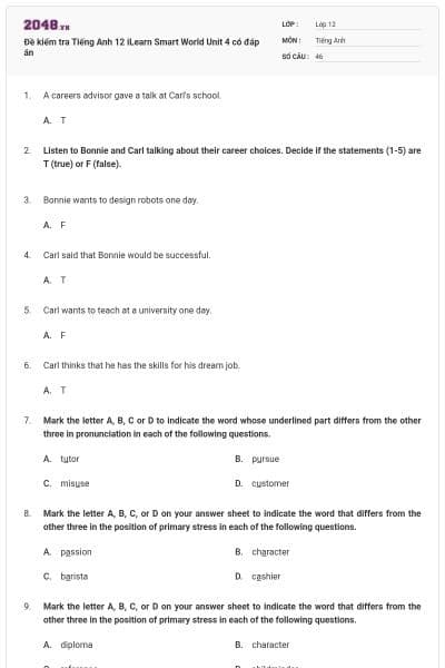 Đề kiểm tra Tiếng Anh 12 iLearn Smart World Unit 4 có đáp án