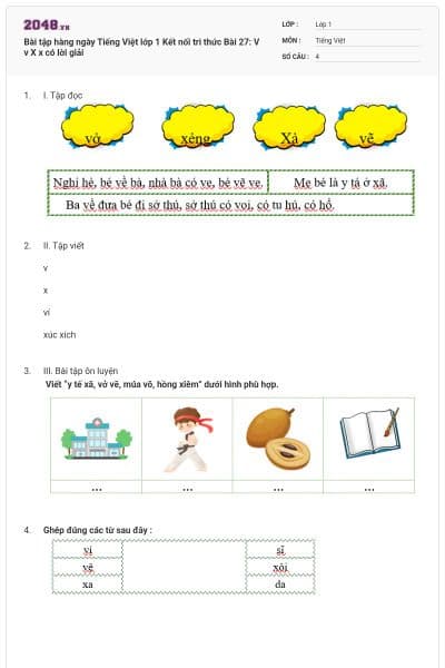Bài tập hàng ngày Tiếng Việt lớp 1 Kết nối tri thức Bài 27: V v X x có lời giải