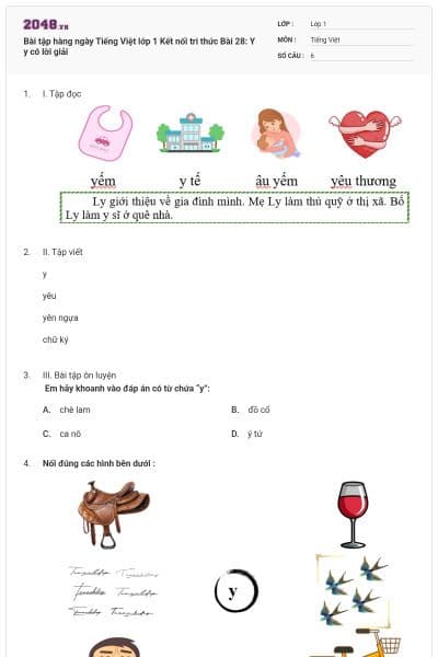 Bài tập hàng ngày Tiếng Việt lớp 1 Kết nối tri thức Bài 28: Y y có lời giải