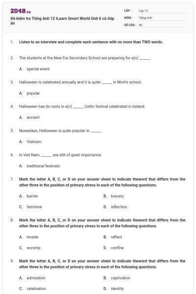 Đề kiểm tra Tiếng Anh 12 iLearn Smart World Unit 6 có đáp án
