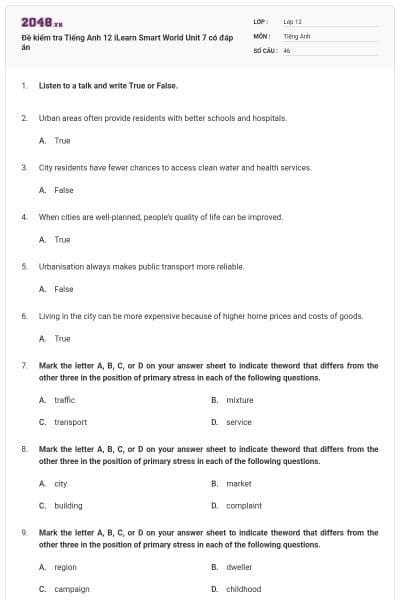 Đề kiểm tra Tiếng Anh 12 iLearn Smart World Unit 7 có đáp án
