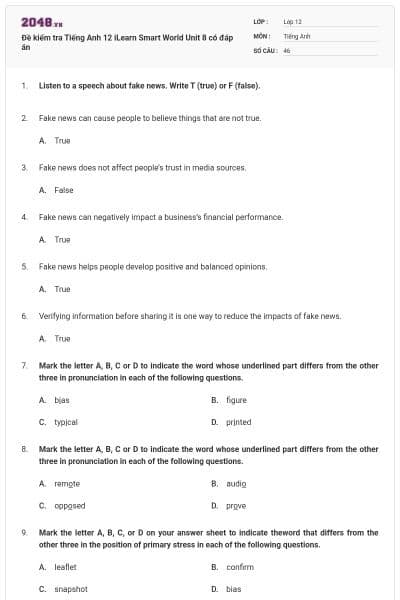Đề kiểm tra Tiếng Anh 12 iLearn Smart World Unit 8 có đáp án