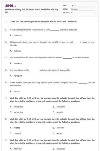 Đề kiểm tra Tiếng Anh 12 iLearn Smart World Unit 9 có đáp án