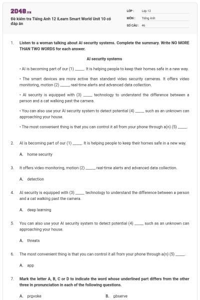 Đề kiểm tra Tiếng Anh 12 iLearn Smart World Unit 10 có đáp án