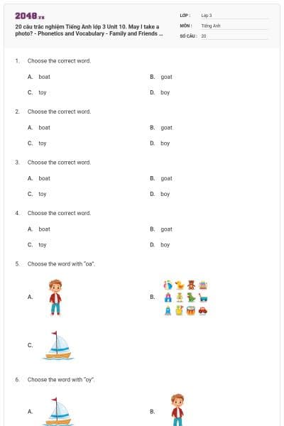 20 câu trắc nghiệm Tiếng Anh lớp 3 Unit 10. May I take a photo? - Phonetics and Vocabulary - Family and Friends có đáp án