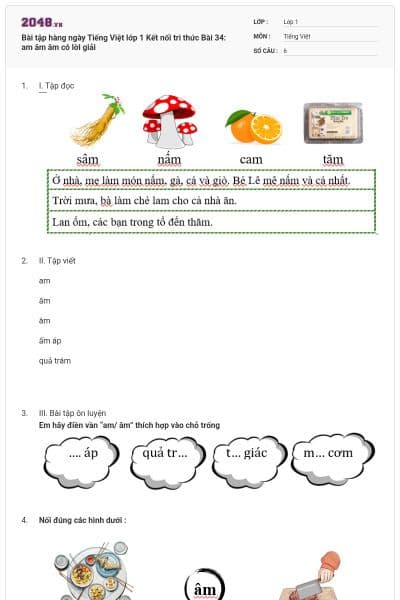 Bài tập hàng ngày Tiếng Việt lớp 1 Kết nối tri thức Bài 34: am ăm âm  có lời giải