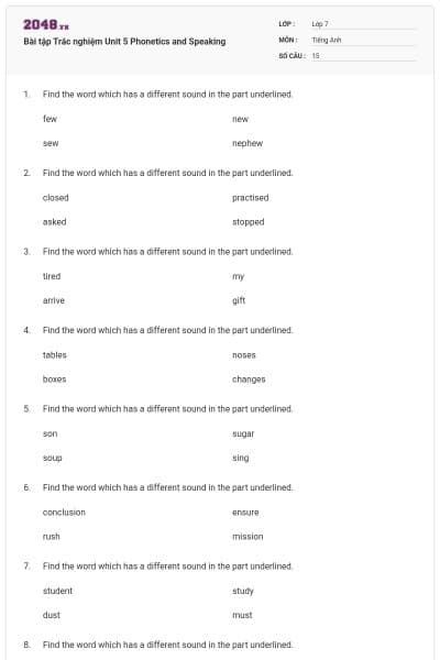 Bài tập Trắc nghiệm Unit 5 Phonetics and Speaking