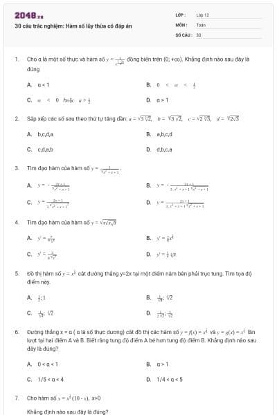 30 câu trắc nghiệm: Hàm số lũy thừa có đáp án