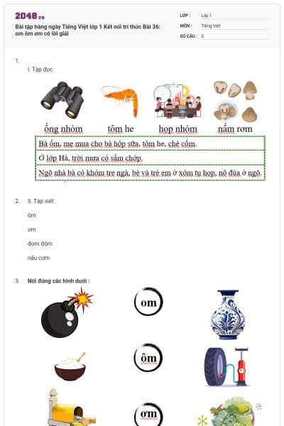 Bài tập hàng ngày Tiếng Việt lớp 1 Kết nối tri thức Bài 36: om ôm ơm  có lời giải