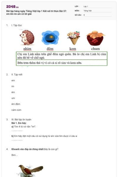Bài tập hàng ngày Tiếng Việt lớp 1 Kết nối tri thức Bài 37: em êm im um có lời giải