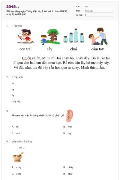 Bài tập hàng ngày Tiếng Việt lớp 1 Kết nối tri thức Bài 38: ai ay ây có lời giải