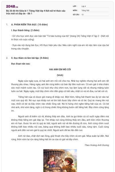 Bộ 20 đề thi Giữa kì 1 Tiếng Việt lớp 4 Kết nối tri thức cấu trúc mới có đáp án - Đề 1