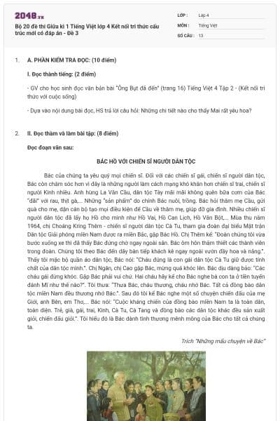 Bộ 20 đề thi Giữa kì 1 Tiếng Việt lớp 4 Kết nối tri thức cấu trúc mới có đáp án - Đề 3