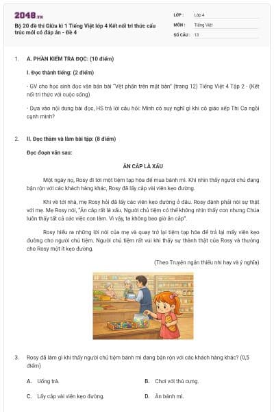 Bộ 20 đề thi Giữa kì 1 Tiếng Việt lớp 4 Kết nối tri thức cấu trúc mới có đáp án - Đề 4