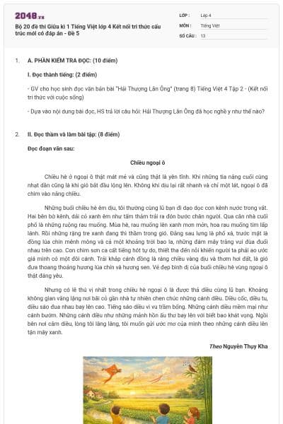 Bộ 20 đề thi Giữa kì 1 Tiếng Việt lớp 4 Kết nối tri thức cấu trúc mới có đáp án - Đề 5